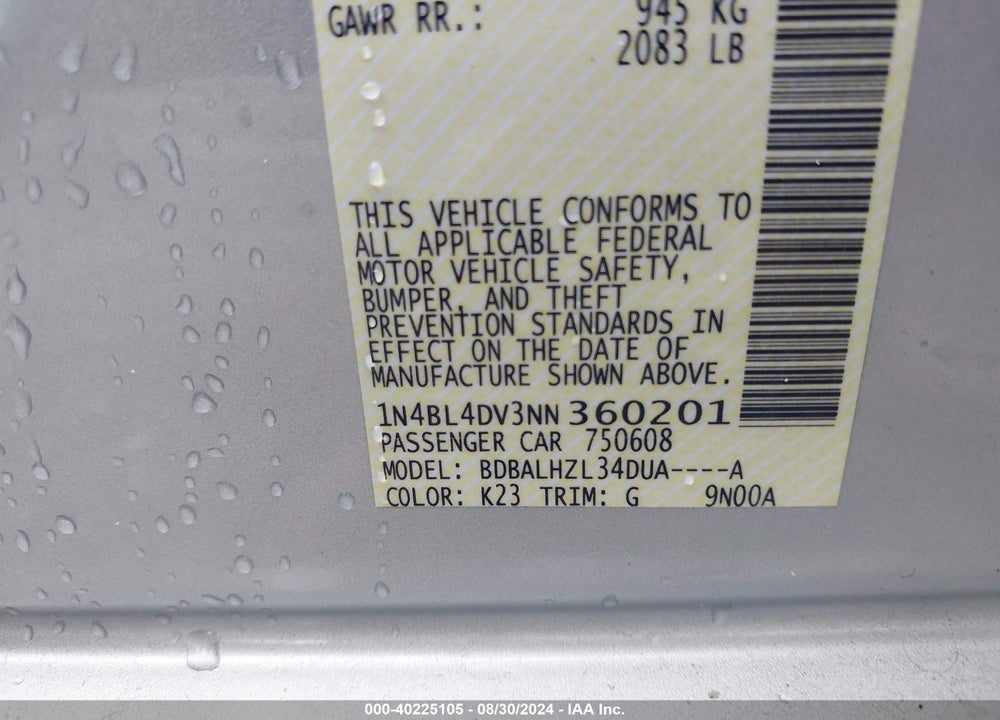 2022 NISSAN ALTIMA SV FWD VIN: 1N4BL4DV3NN360201