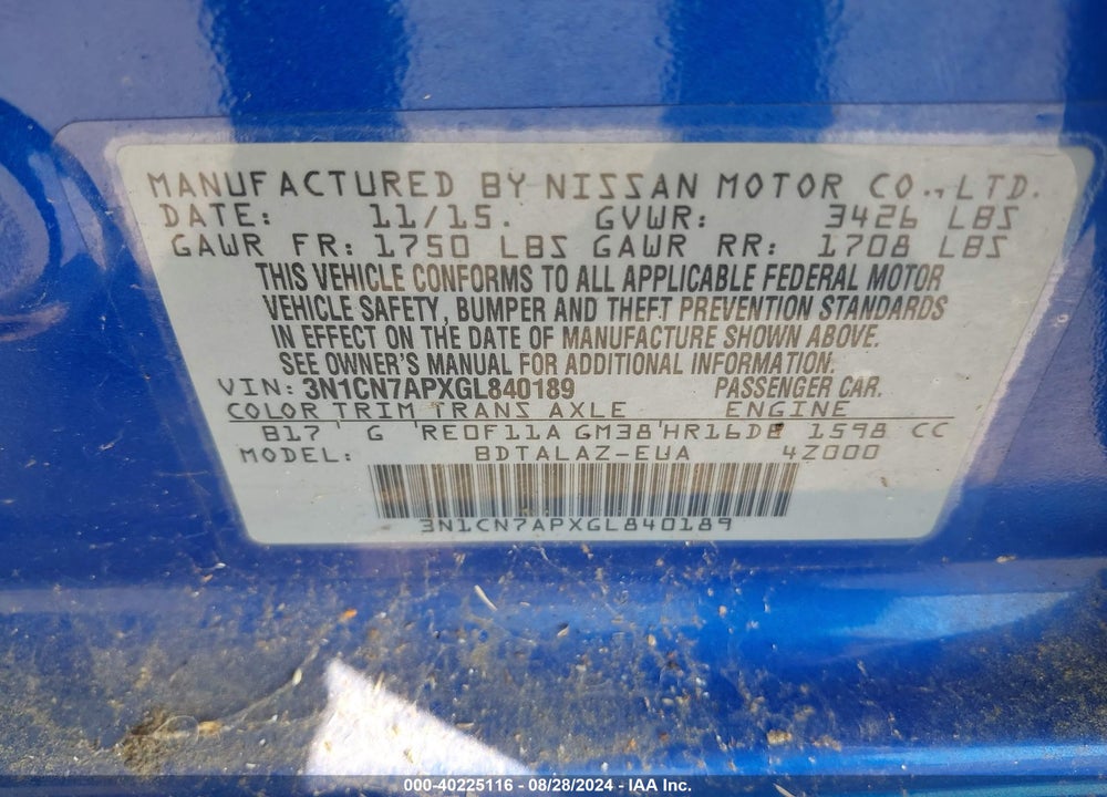 2016 NISSAN VERSA 1.6 S+ VIN: 3N1CN7APXGL840189