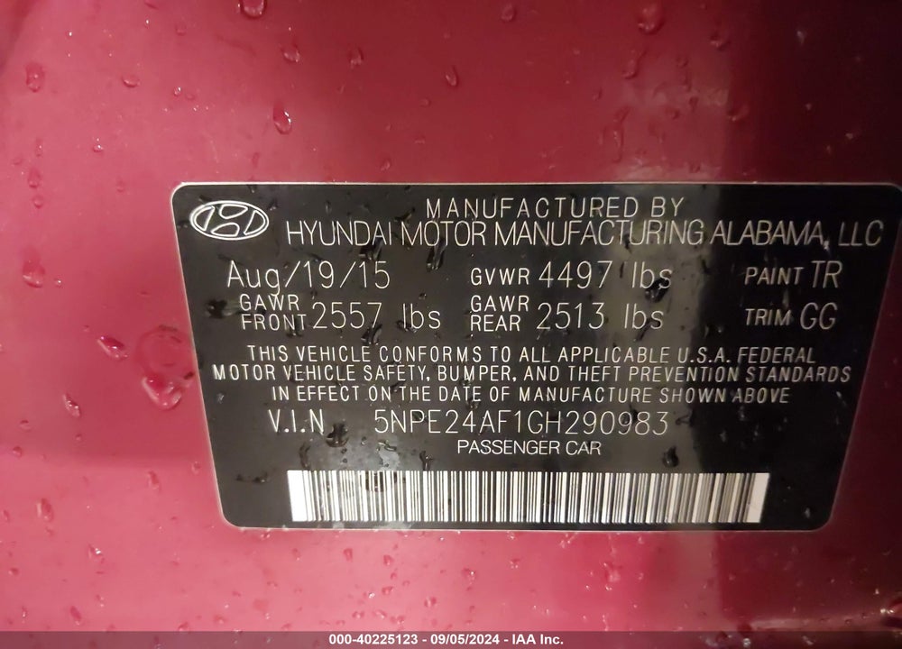 2016 HYUNDAI SONATA SE VIN: 5NPE24AF1GH290983