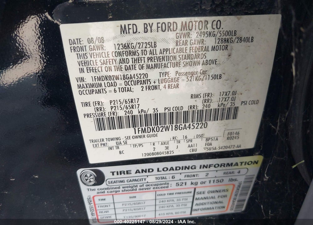 2008 FORD TAURUS X SEL VIN: 1FMDK02W18GA45220