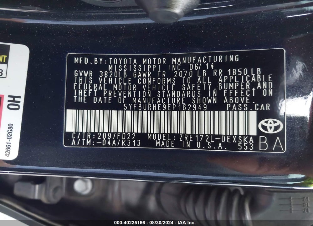 2014 TOYOTA COROLLA VIN: 5YFBURHE9EP162949