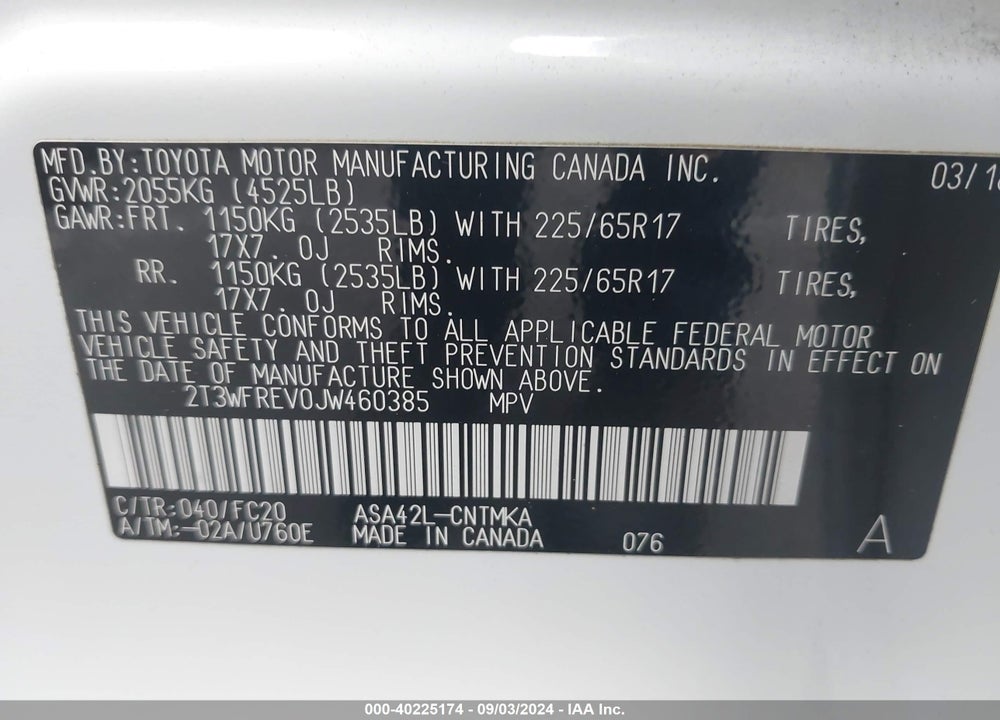 2018 TOYOTA RAV4 XLE VIN: 2T3WFREV0JW460385