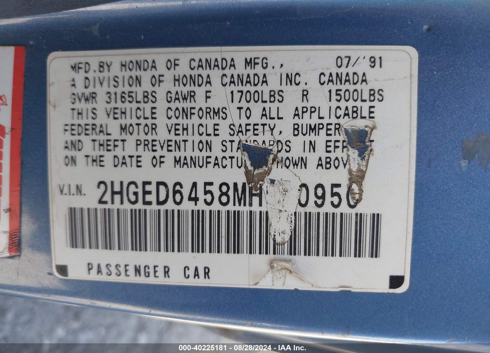 1991 HONDA CIVIC DX VIN: 2HGED6458MH570950