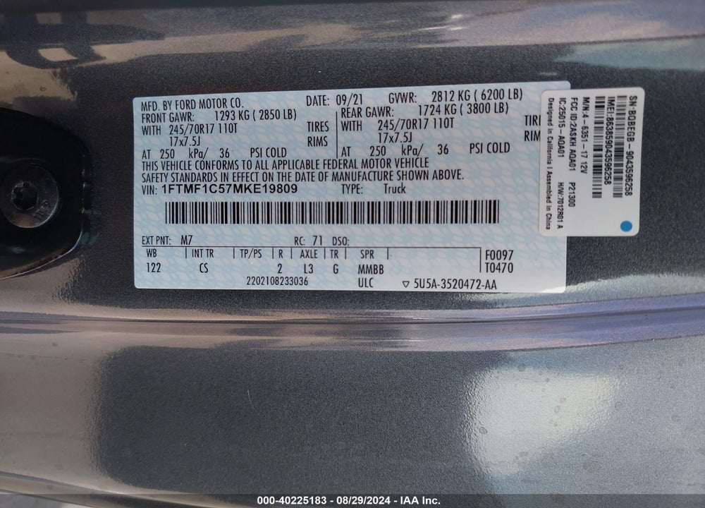 2021 FORD F-150 XL VIN: 1FTMF1C57MKE19809
