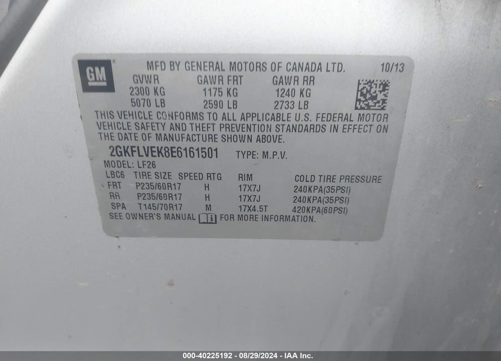 2014 GMC TERRAIN SLE-1 VIN: 2GKFLVEK8E6161501