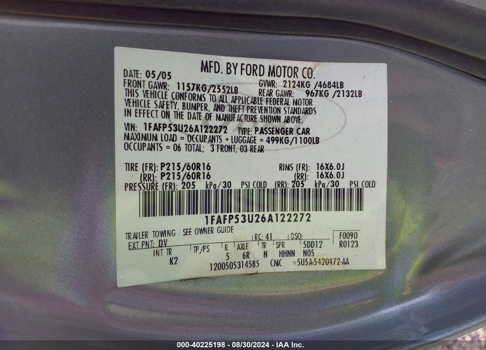 2006 FORD TAURUS SE VIN: 1FAFP53U26A122272