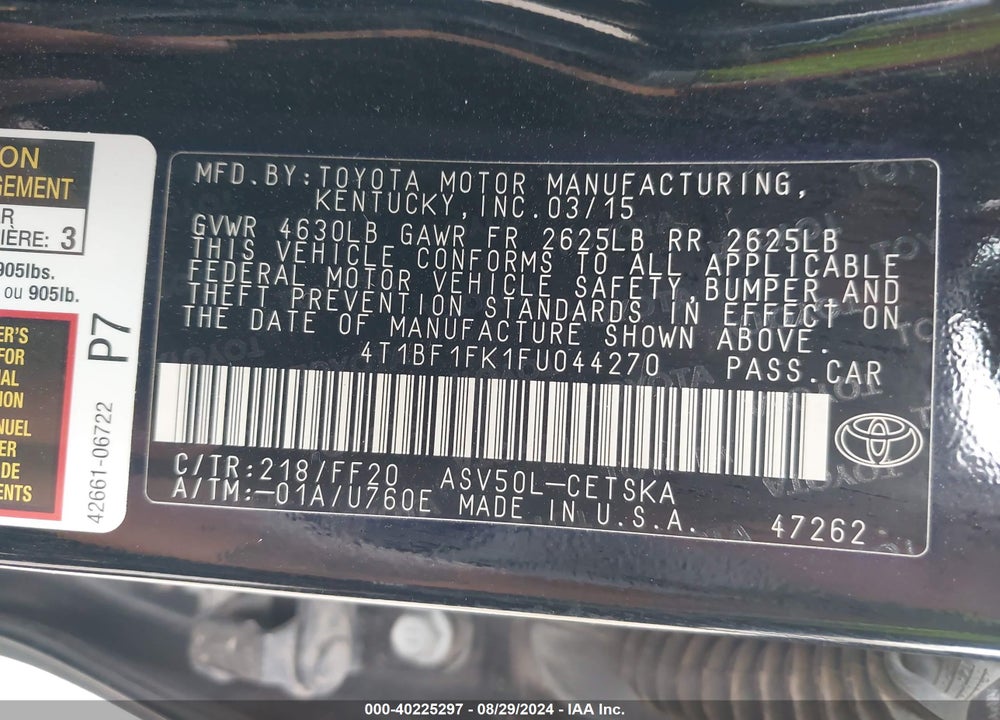 2015 TOYOTA CAMRY SE VIN: 4T1BF1FK1FU044270