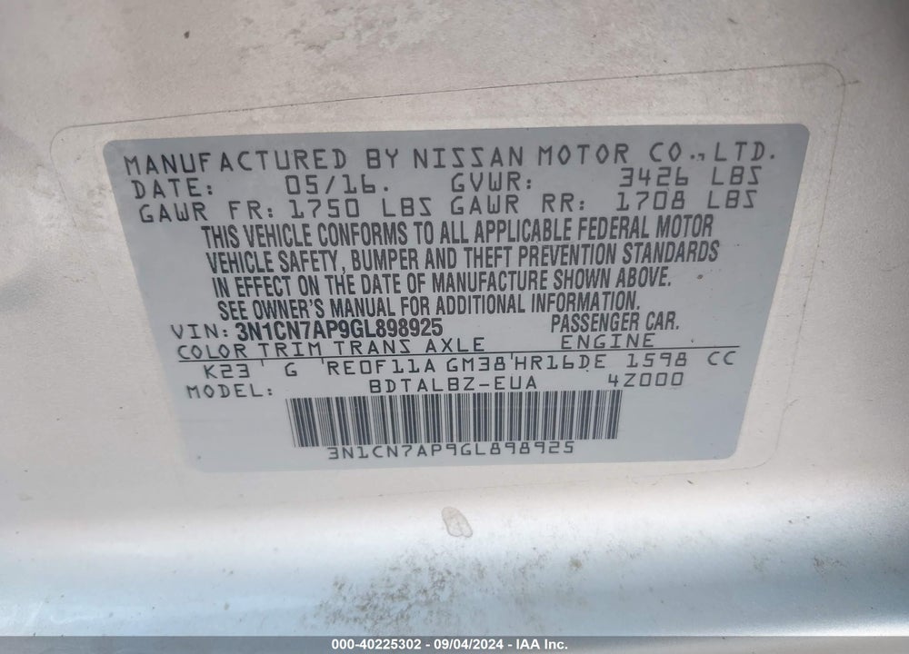 2016 NISSAN VERSA VIN: 3N1CN7AP9GL898925