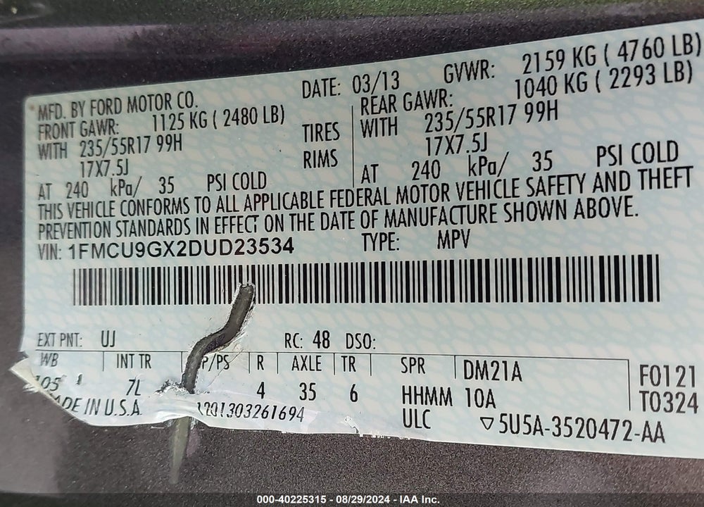 2013 FORD ESCAPE SE VIN: 1FMCU9GX2DUD23534