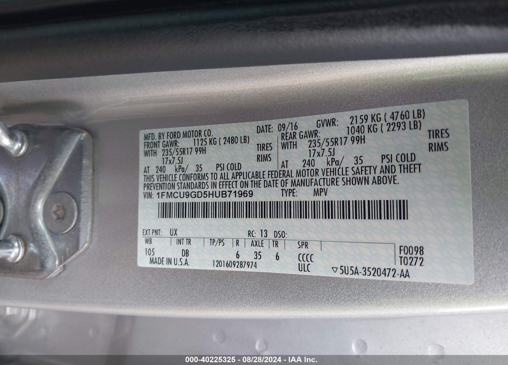 2017 FORD ESCAPE VIN: 1FMCU9GD5HUB71969
