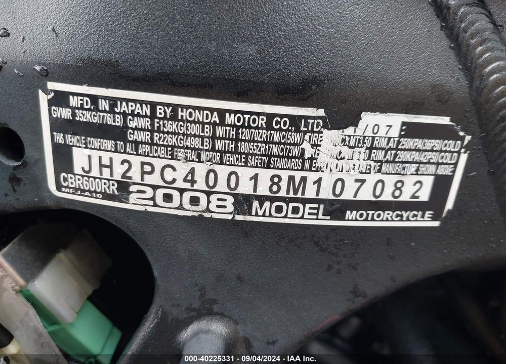 2008 HONDA CBR600 RR VIN: JH2PC40018M107082