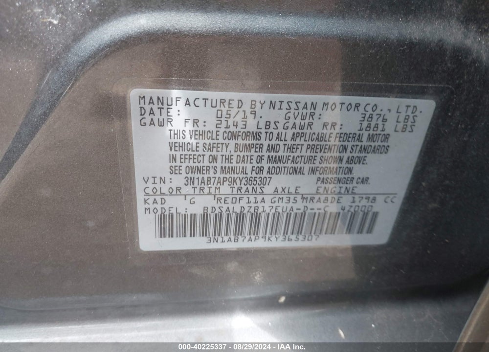2019 NISSAN SENTRA SV VIN: 3N1AB7AP9KY365307