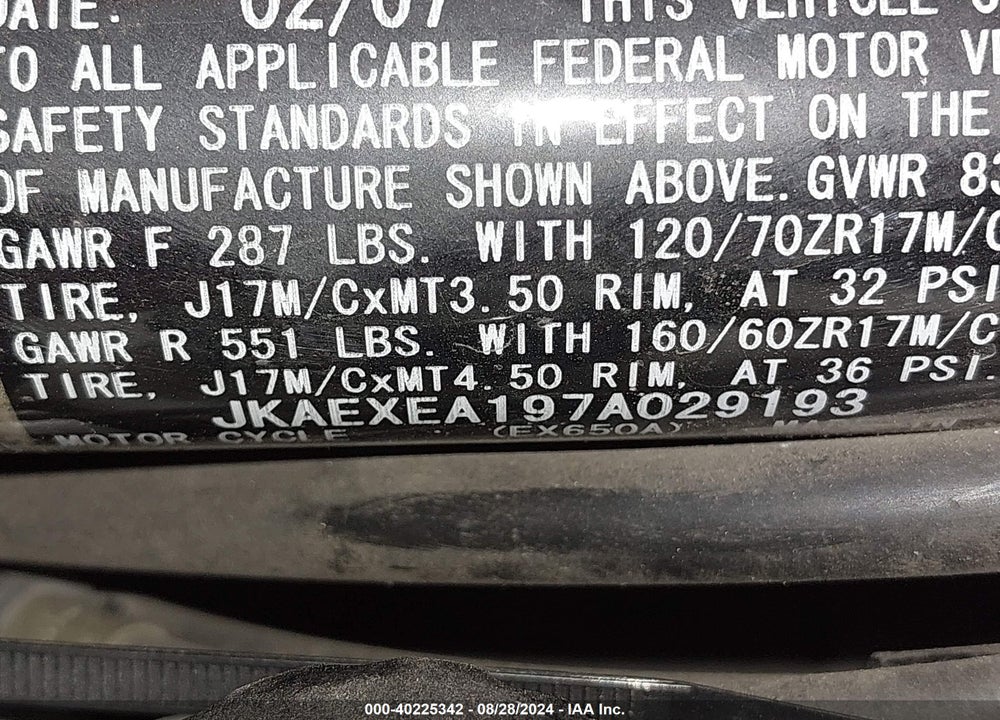 2007 KAWASAKI EX650 A VIN: JKAEXEA197A029193