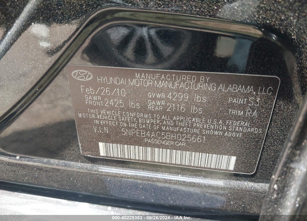 2011 HYUNDAI SONATA GLS VIN: 5NPEB4AC5BH025661