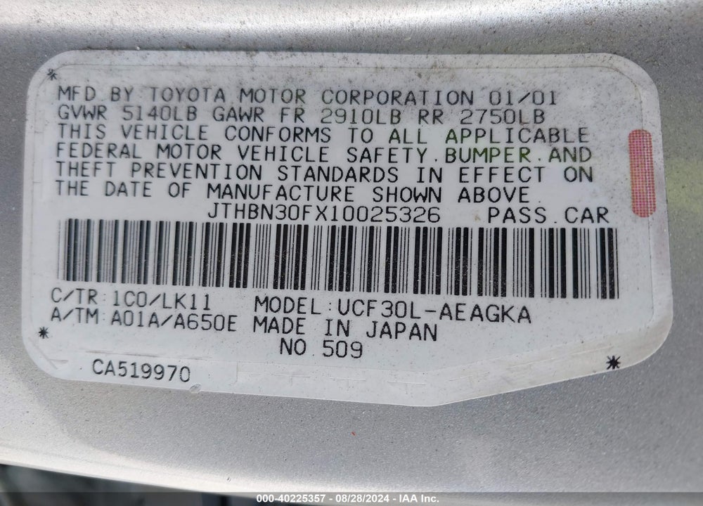 2001 LEXUS LS 430 BASE (A5) VIN: JTHBN30FX10025326