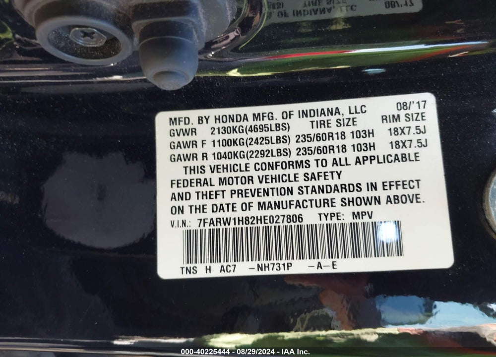 2017 HONDA CR-V EX-L/EX-L NAVI VIN: 7FARW1H82HE027806