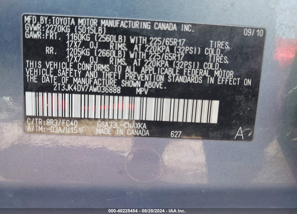 2010 TOYOTA RAV4 BASE V6 VIN: 2T3JK4DV7AW036888