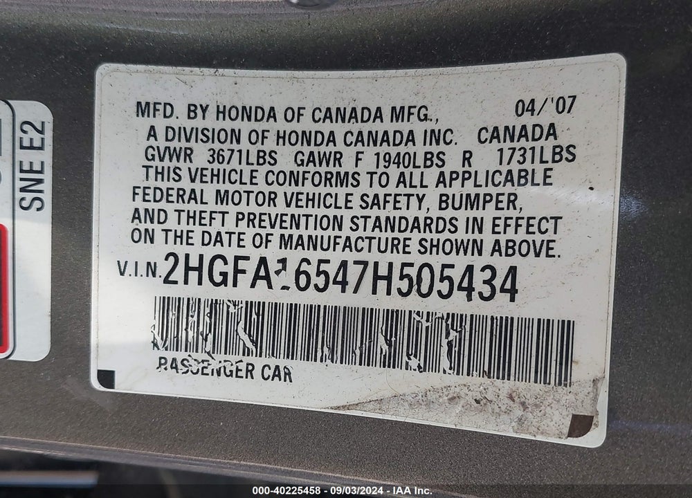 2007 HONDA CIVIC LX VIN: 2HGFA16547H505434