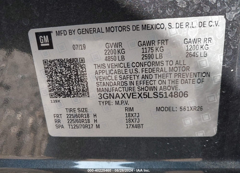 2020 CHEVROLET EQUINOX AWD LT 2.0L TURBO VIN: 3GNAXVEX5LS514806