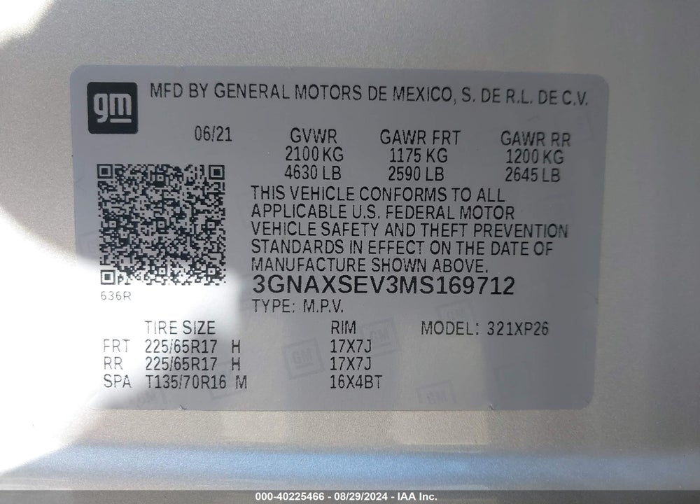 2021 CHEVROLET EQUINOX AWD LS VIN: 3GNAXSEV3MS169712
