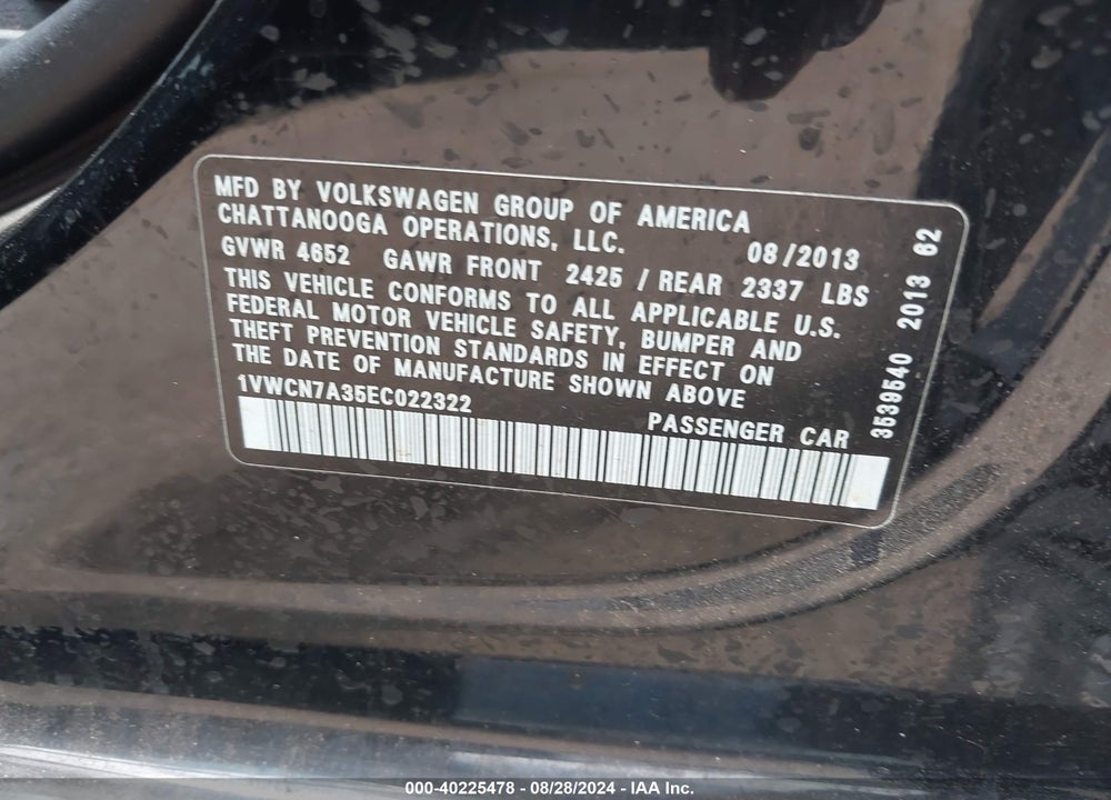2014 VOLKSWAGEN PASSAT 2.0L TDI SEL PREMIUM VIN: 1VWCN7A35EC022322