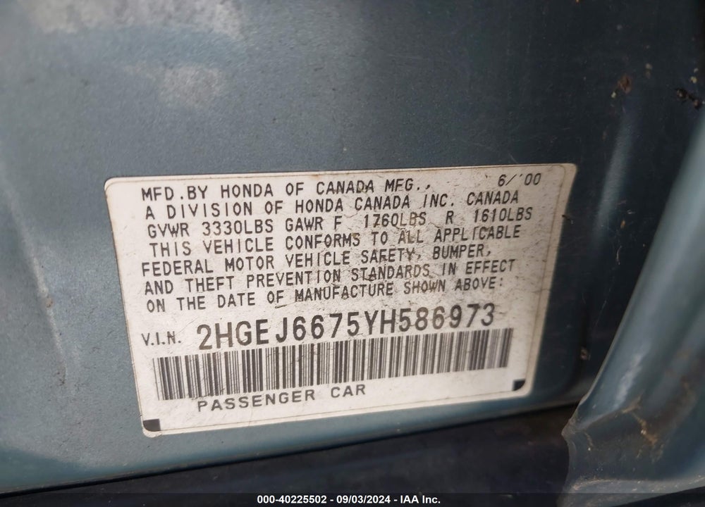 2000 HONDA CIVIC LX VIN: 2HGEJ6675YH586973