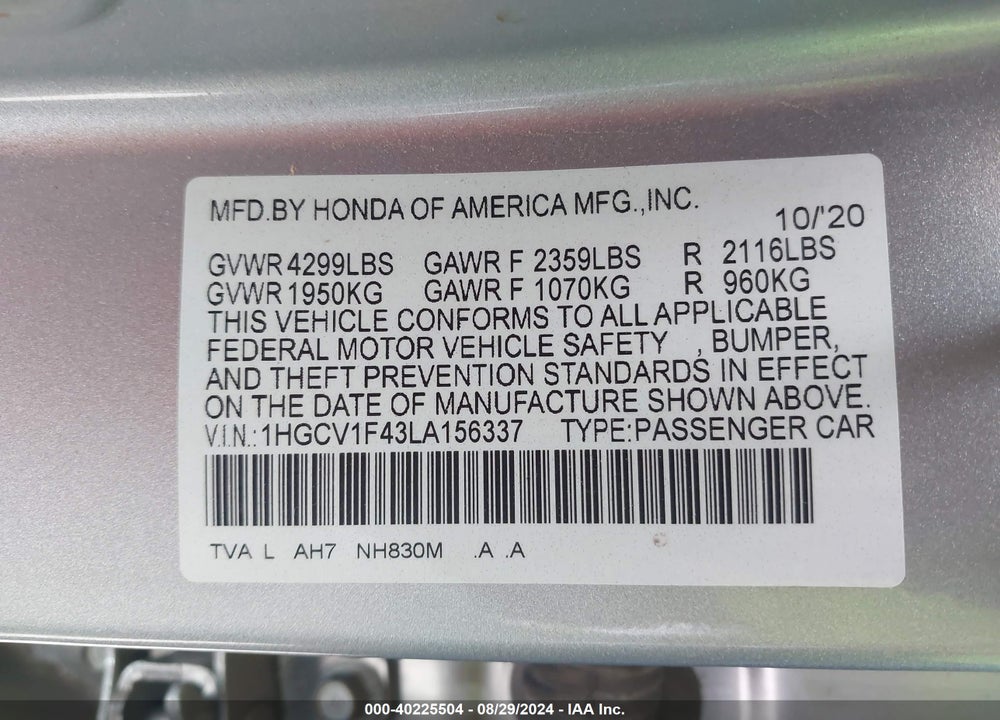 2020 HONDA ACCORD EX VIN: 1HGCV1F43LA156337