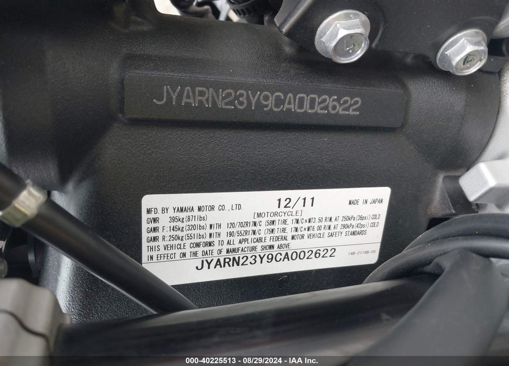 2012 YAMAHA YZFR1 C VIN: JYARN23Y9CA002622