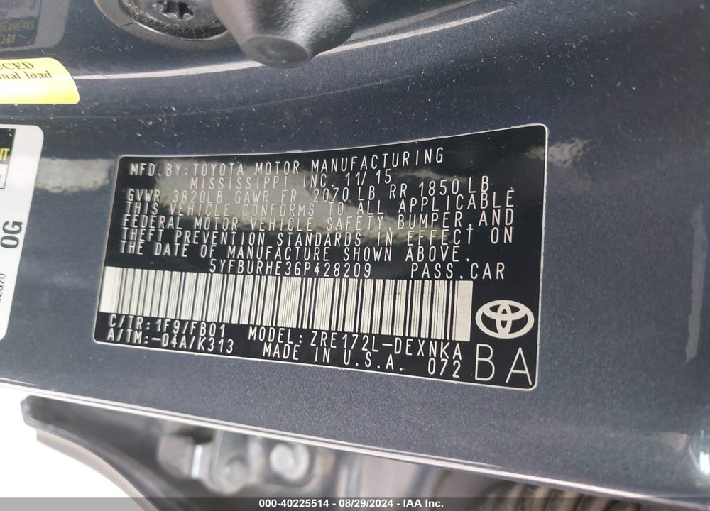 2016 TOYOTA COROLLA LE VIN: 5YFBURHE3GP428209