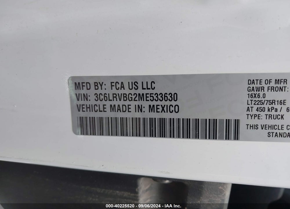 2021 RAM PROMASTER 1500 HIGH ROOF 136 WB VIN: 3C6LRVBG2ME533630