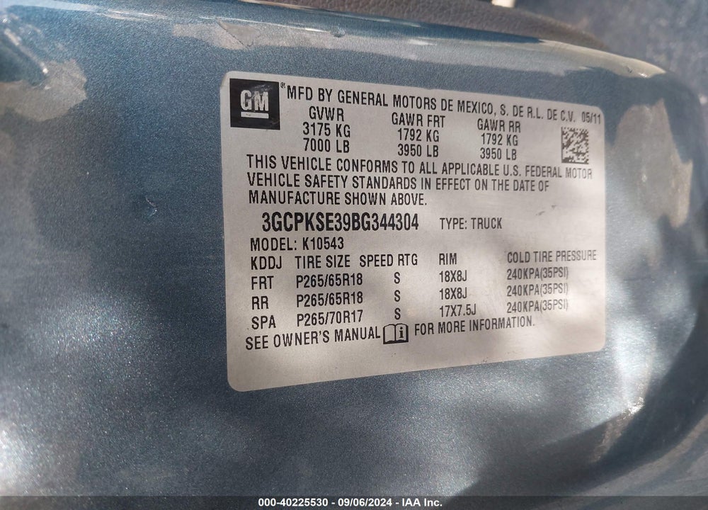 2011 CHEVROLET SILVERADO 1500 LT VIN: 3GCPKSE39BG344304