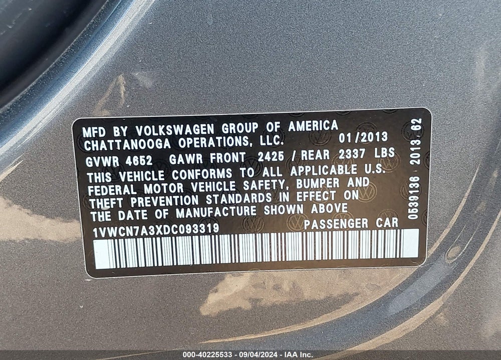 2013 VOLKSWAGEN PASSAT VIN: 1VWCN7A3XDC093319