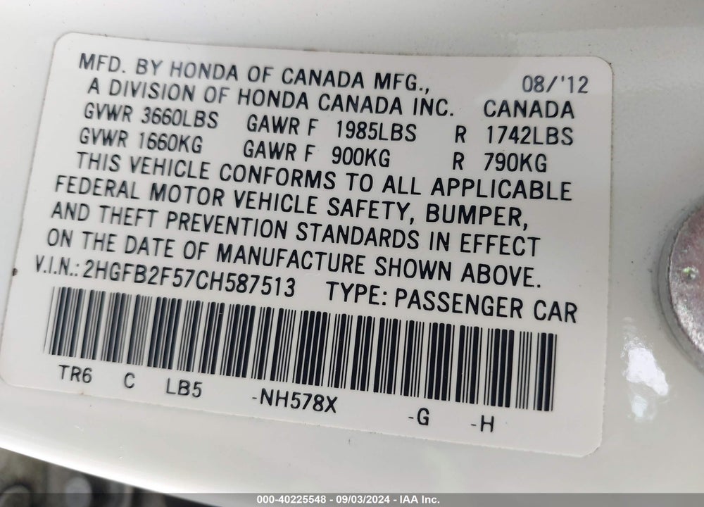 2012 HONDA CIVIC LX VIN: 2HGFB2F57CH587513