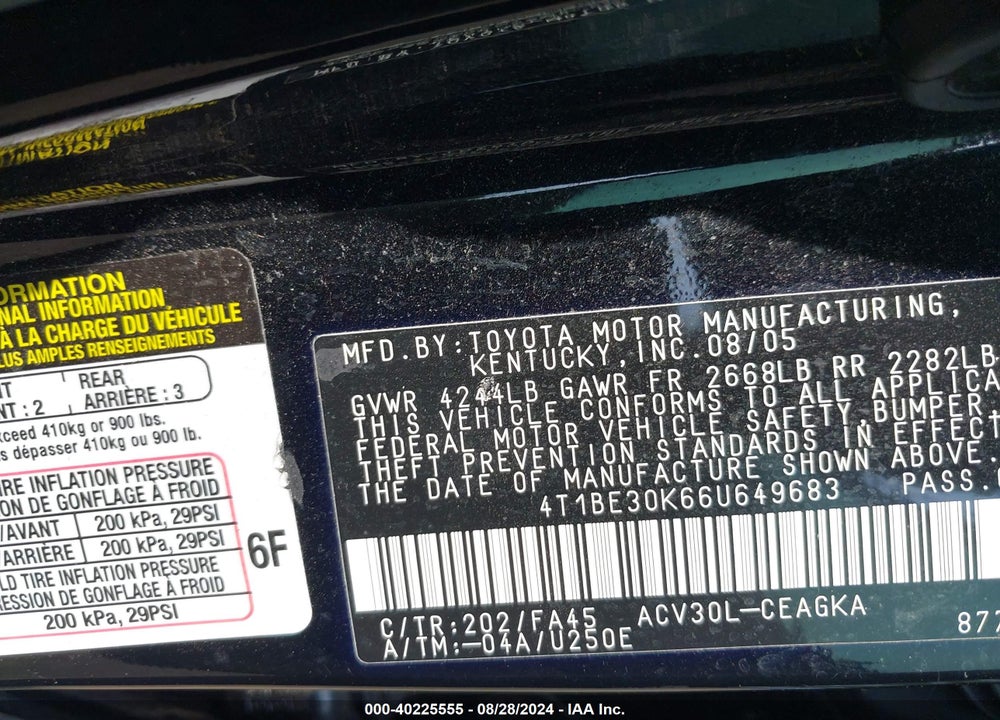 2006 TOYOTA CAMRY VIN: 4T1BE30K66U649683