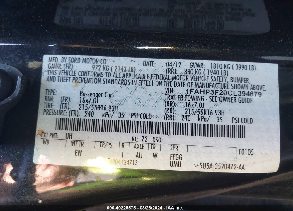 2012 FORD FOCUS SE VIN: 1FAHP3F20CL394679