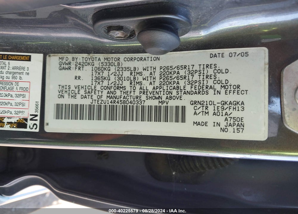 2005 TOYOTA 4RUNNER SR5 SPORT V6 VIN: JTEZU14R458040337