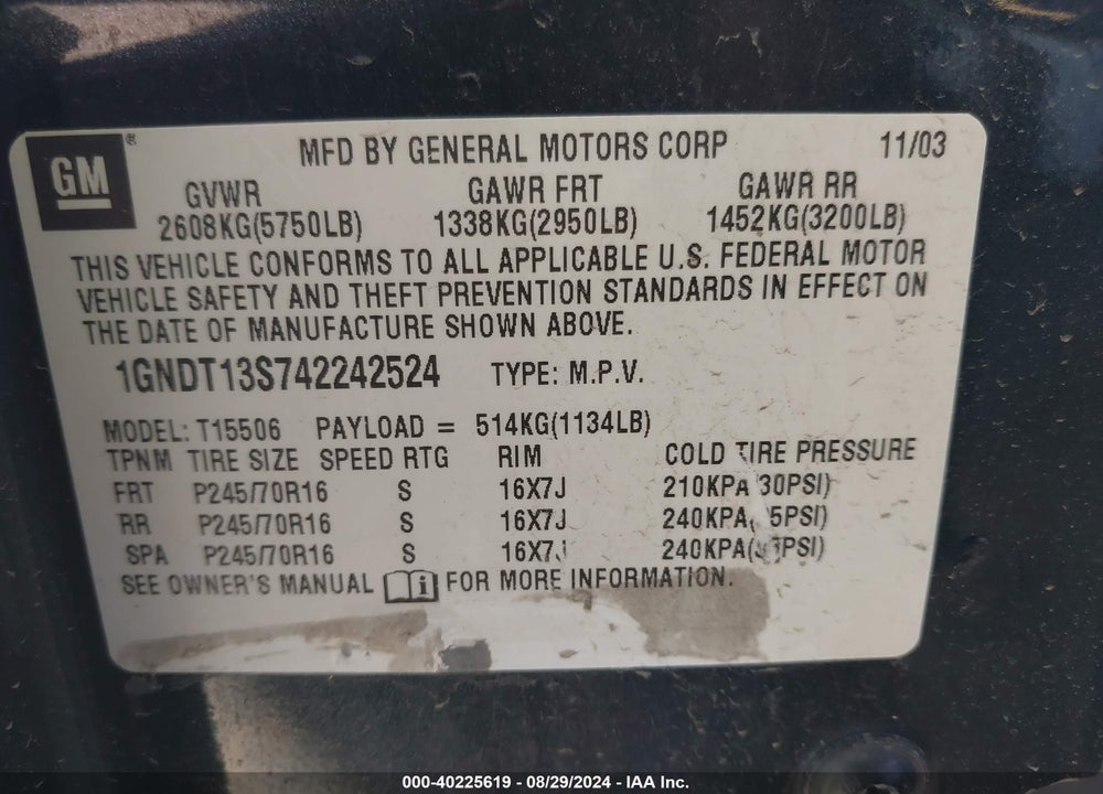 2004 CHEVROLET TRAILBLAZER LS VIN: 1GNDT13S742242524
