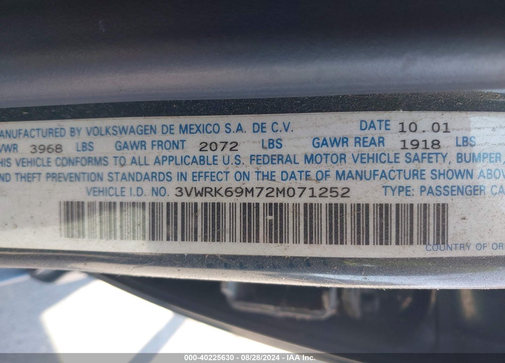 2002 VOLKSWAGEN JETTA GL VIN: 3VWRK69M72M071252