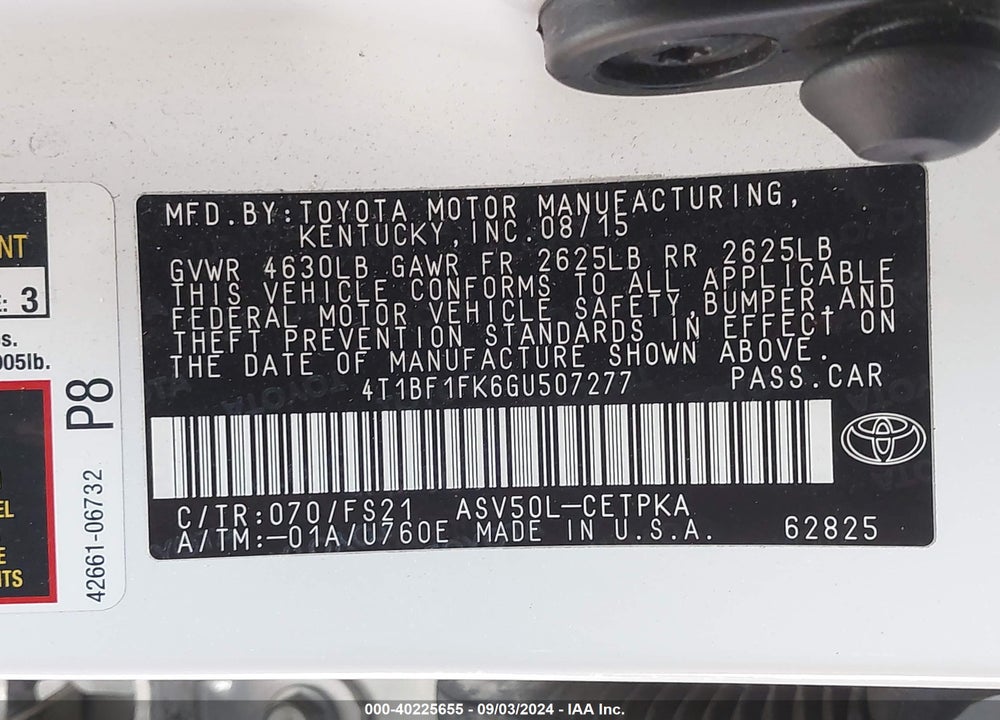 2016 TOYOTA CAMRY VIN: 4T1BF1FK6GU507277