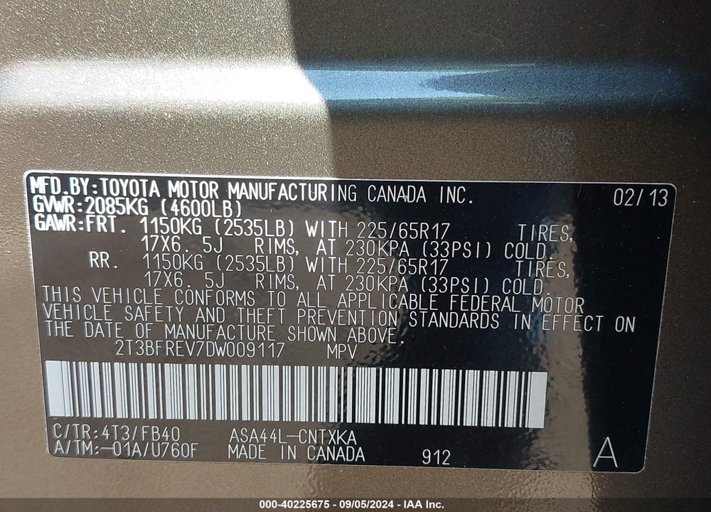 2013 TOYOTA RAV4 LE VIN: 2T3BFREV7DW009117
