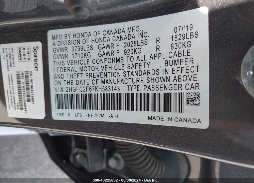 2019 HONDA CIVIC LX VIN: 2HGFC2F67KH583143