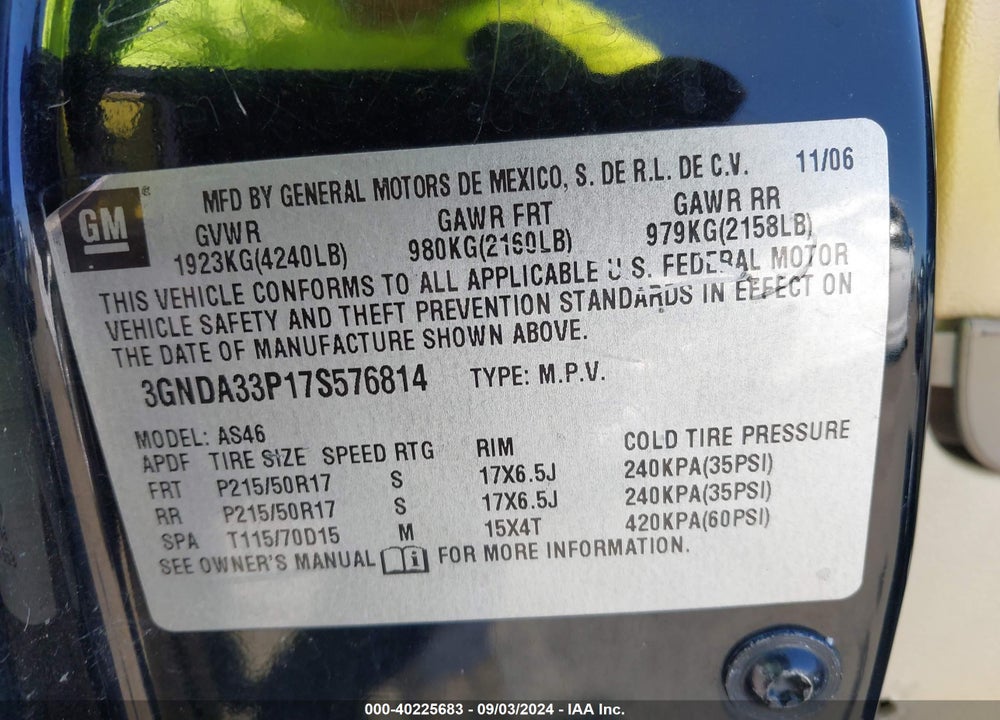 2007 CHEVROLET HHR LT VIN: 3GNDA33P17S576814
