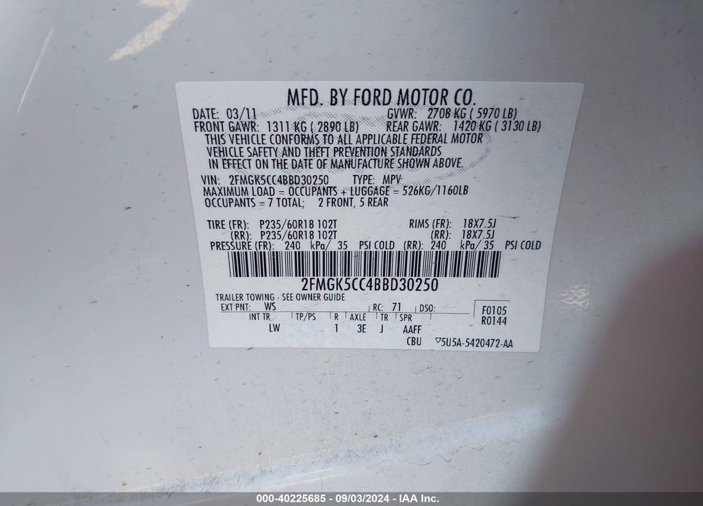 2011 FORD FLEX VIN: 2FMGK5CC4BBD30250