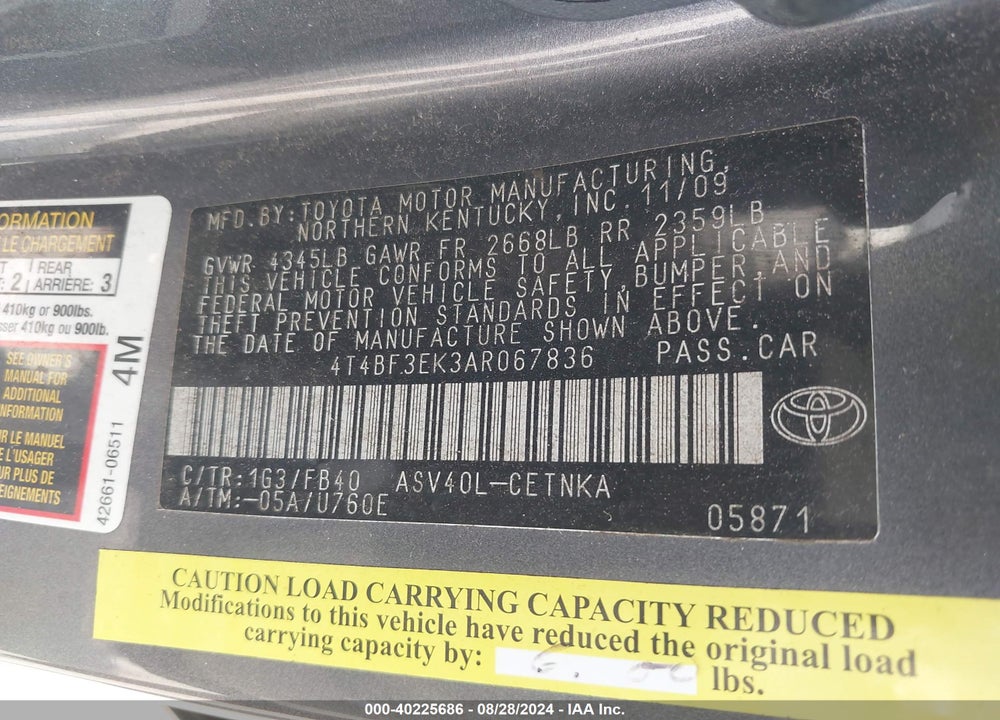 2010 TOYOTA CAMRY LE VIN: 4T4BF3EK3AR067836