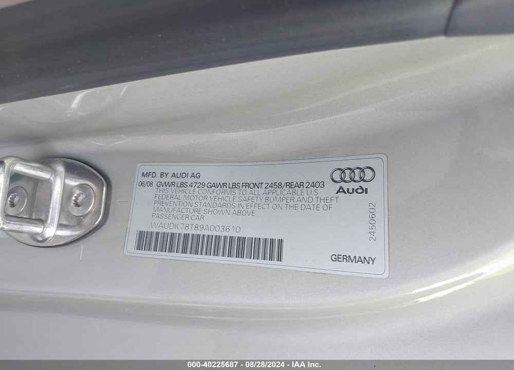 2009 AUDI A5 3.2L VIN: WAUDK78T89A003610