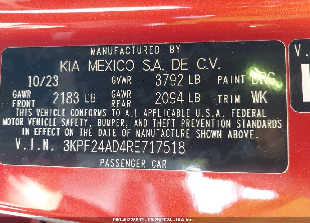 2024 KIA FORTE LXS VIN: 3KPF24AD4RE717518