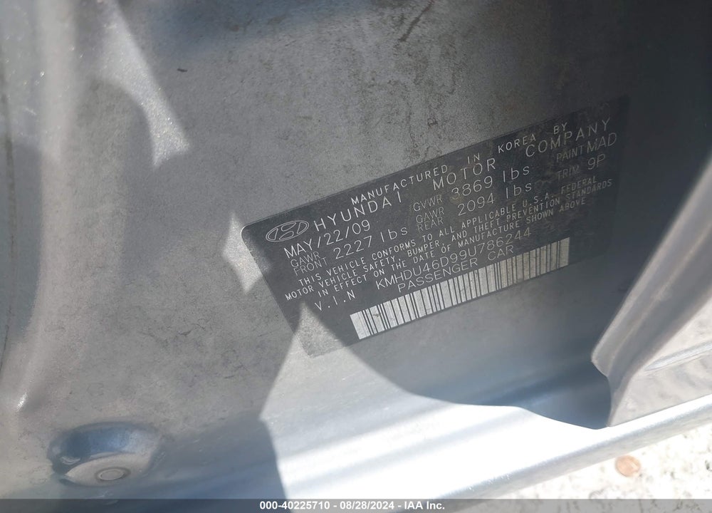 2009 HYUNDAI ELANTRA SE VIN: KMHDU46D99U786244