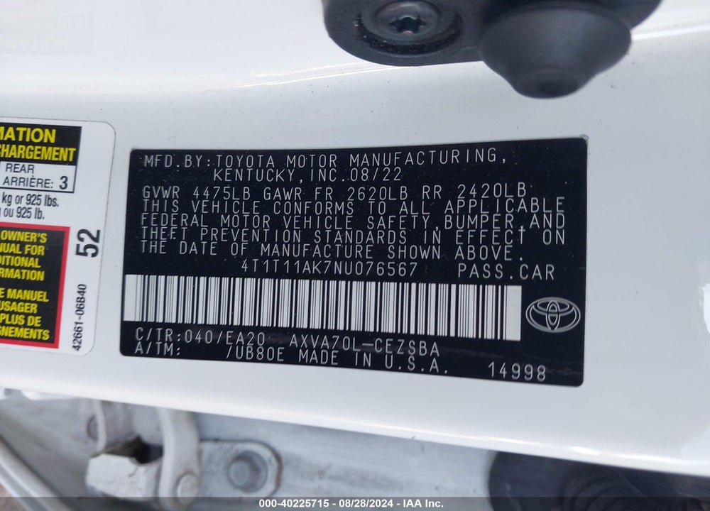 2022 TOYOTA CAMRY SE VIN: 4T1T11AK7NU076567