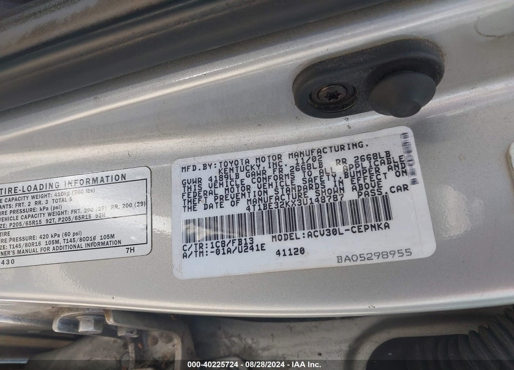 2003 TOYOTA CAMRY LE VIN: 4T1BE32KX3U148787