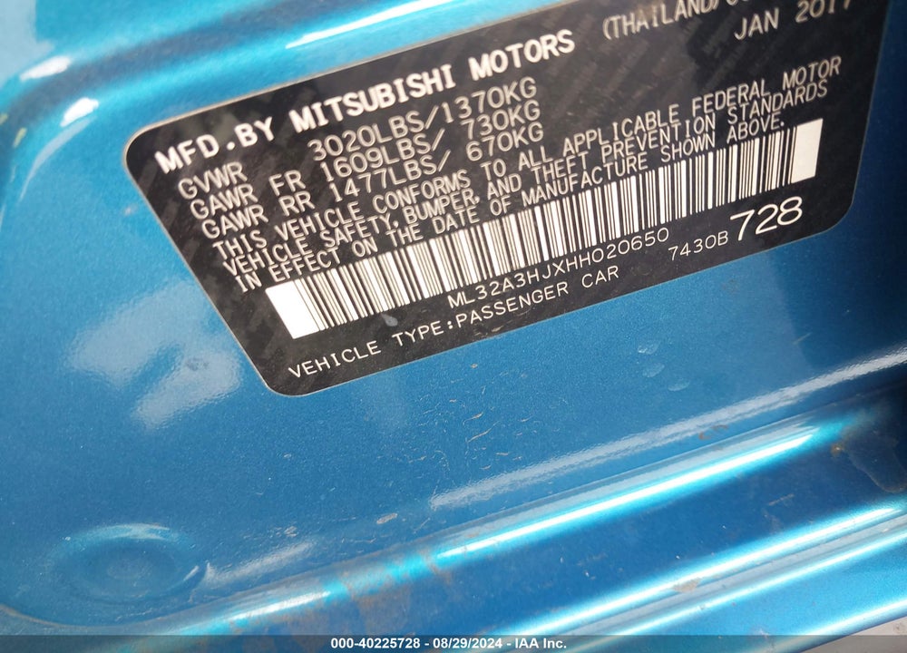 2017 MITSUBISHI MIRAGE ES VIN: ML32A3HJXHH020650